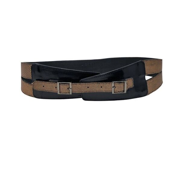 Reiss Womens Waist Belt Patent Leather Metallic Copper Double Buckle - Picture 1 of 9